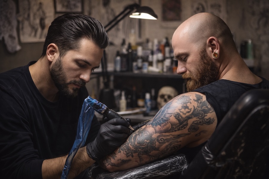 Tattoo artist giving a customer a tattoo