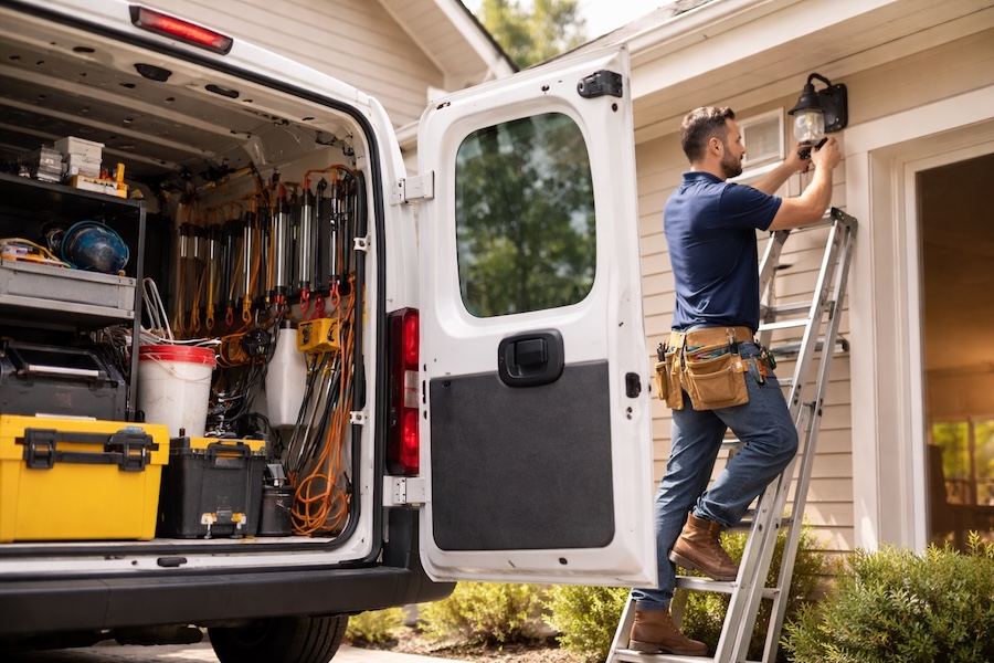 Handyman on a ladder working on the outside of a house