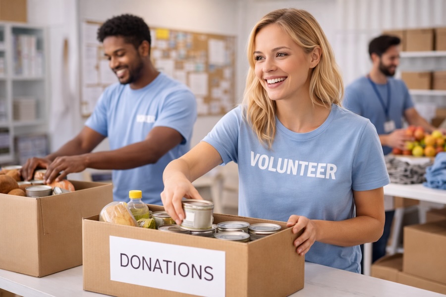 Volunteers packing donations