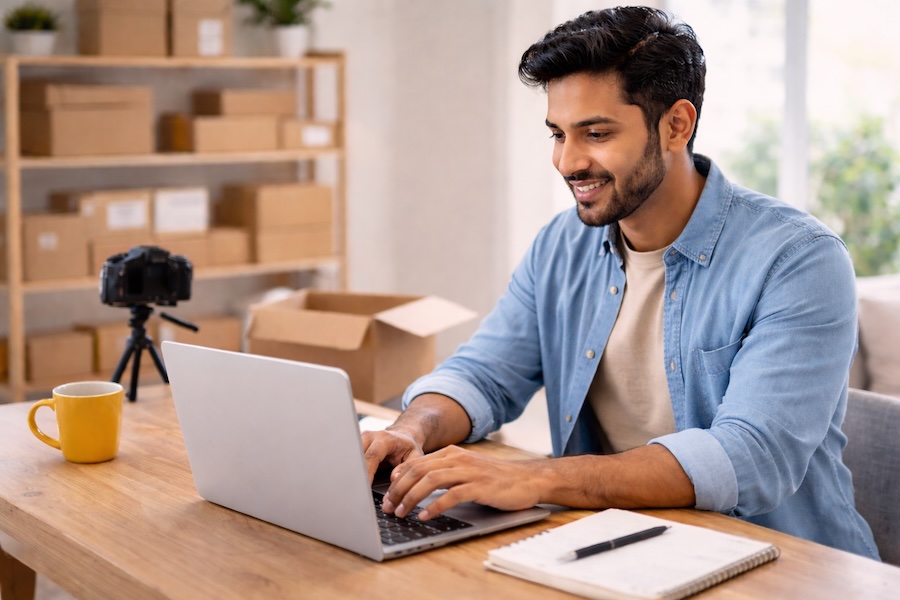 Man working at laptop in home office